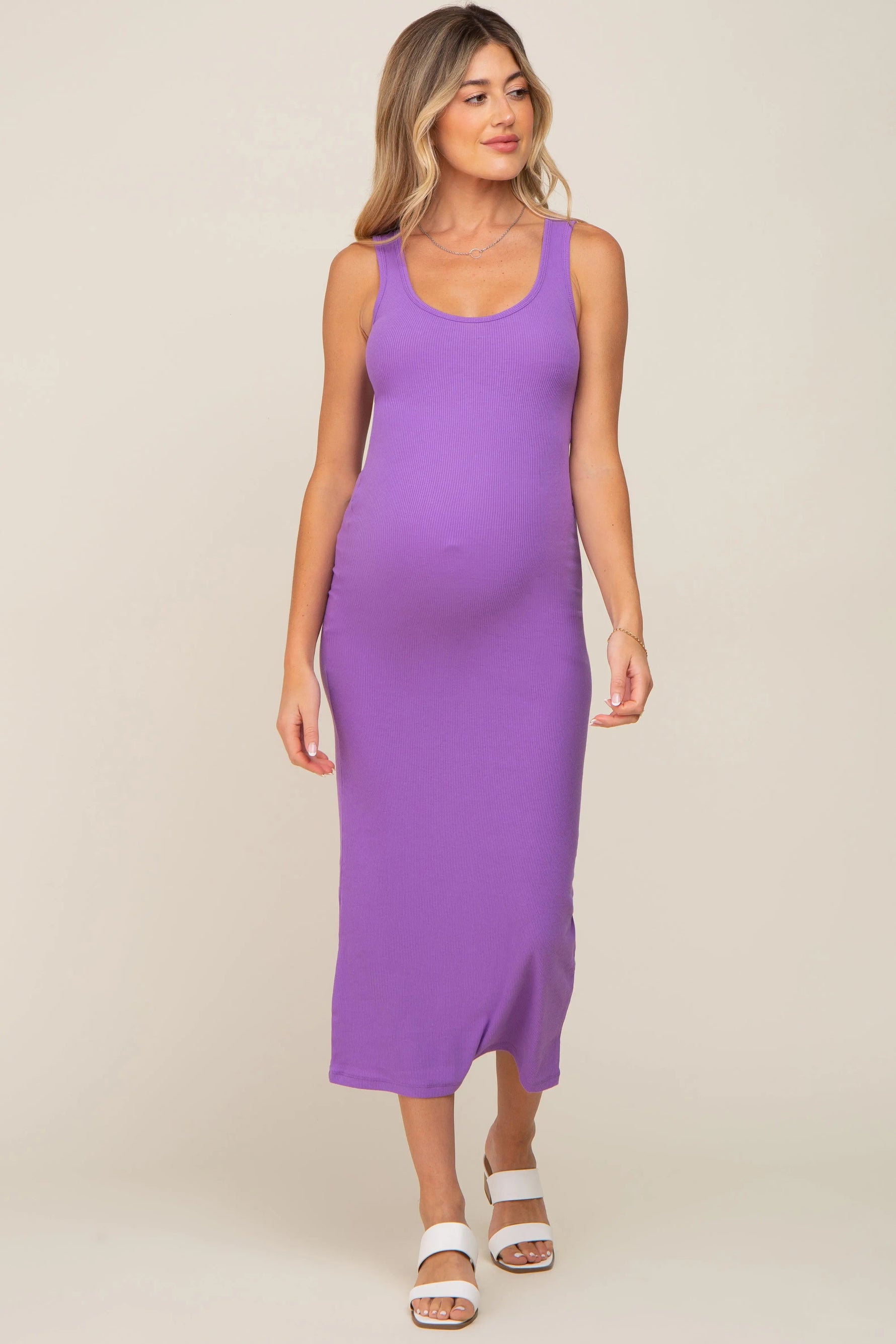PinkBlush Lavender Ribbed Basic Maternity Maxi Dress - 