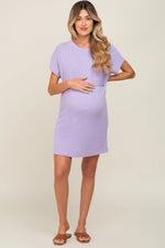 PinkBlush Lavender Ribbed Front Pocket Dolman Short Sleeve Maternity Dress - 