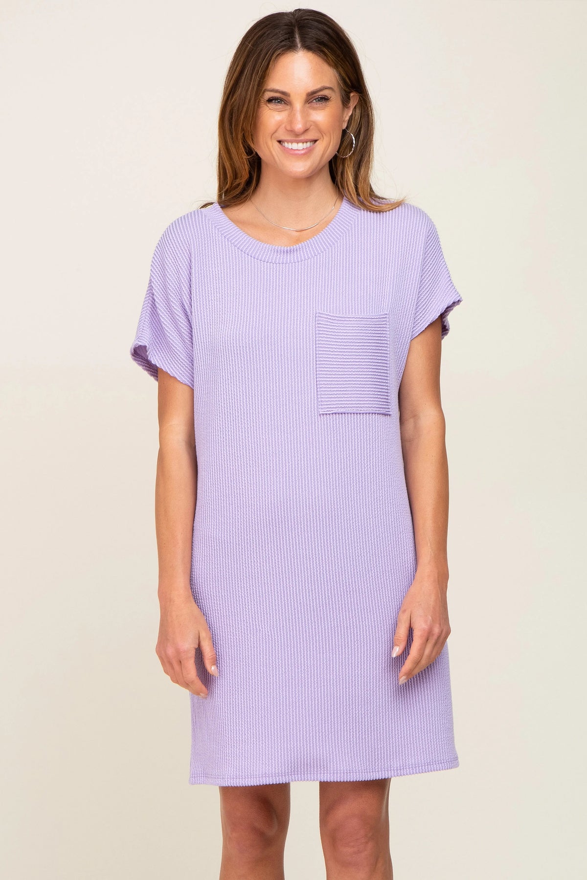 PinkBlush Lavender Ribbed Front Pocket Dolman Short Sleeve Maternity Dress - 
