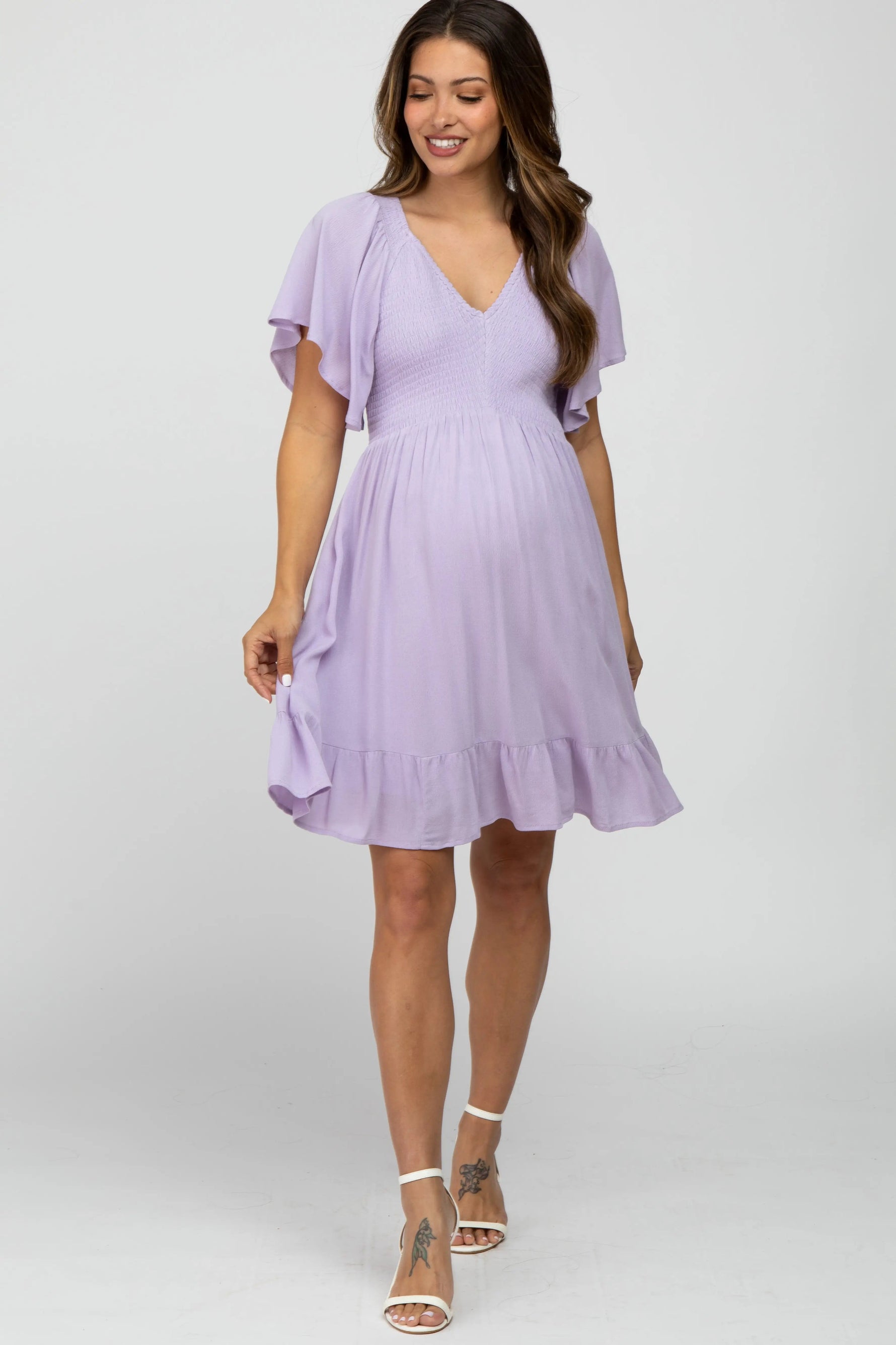 PinkBlush Lavender Smocked Front Ruffle Hem Maternity Dress - 