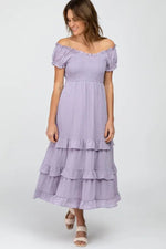 Lavender Smocked Ruffle Midi Dress - One-piece garment, Purple, Day Dress, Ruffle, Cocktail dress | Everetts Place