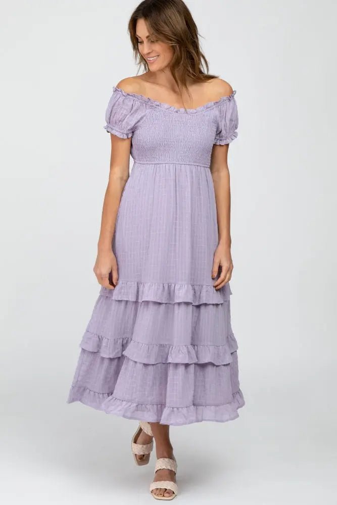 Lavender Smocked Ruffle Midi Dress - One-piece garment, Purple, Day Dress, Ruffle, Cocktail dress | Everetts Place