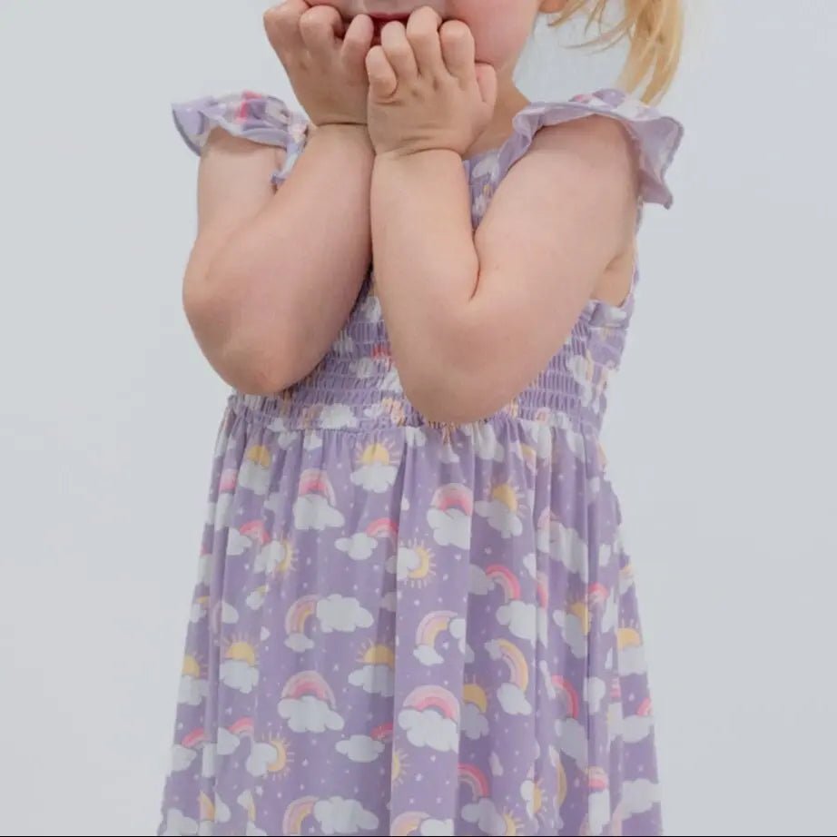 Sweet Bamboo Lavender Smocked Vintage Dress with Rainbows and Clouds for Baby Girls - 