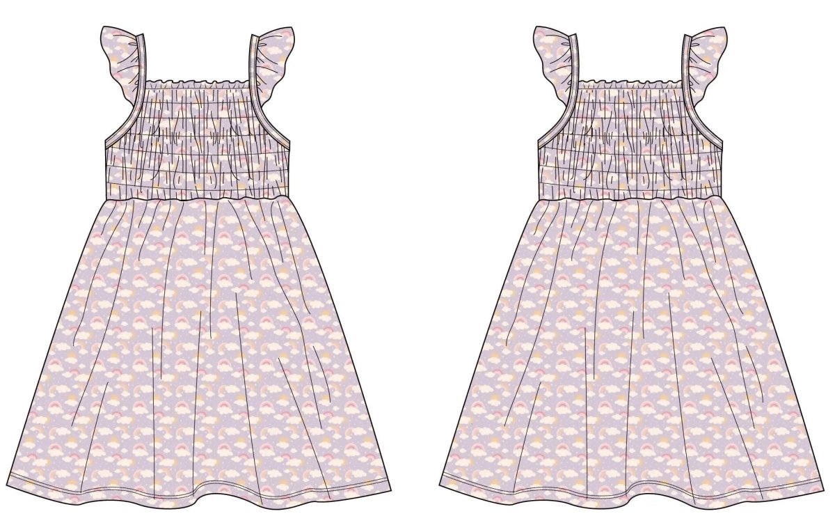 Sweet Bamboo Lavender Smocked Vintage Dress with Rainbows and Clouds for Baby Girls - 