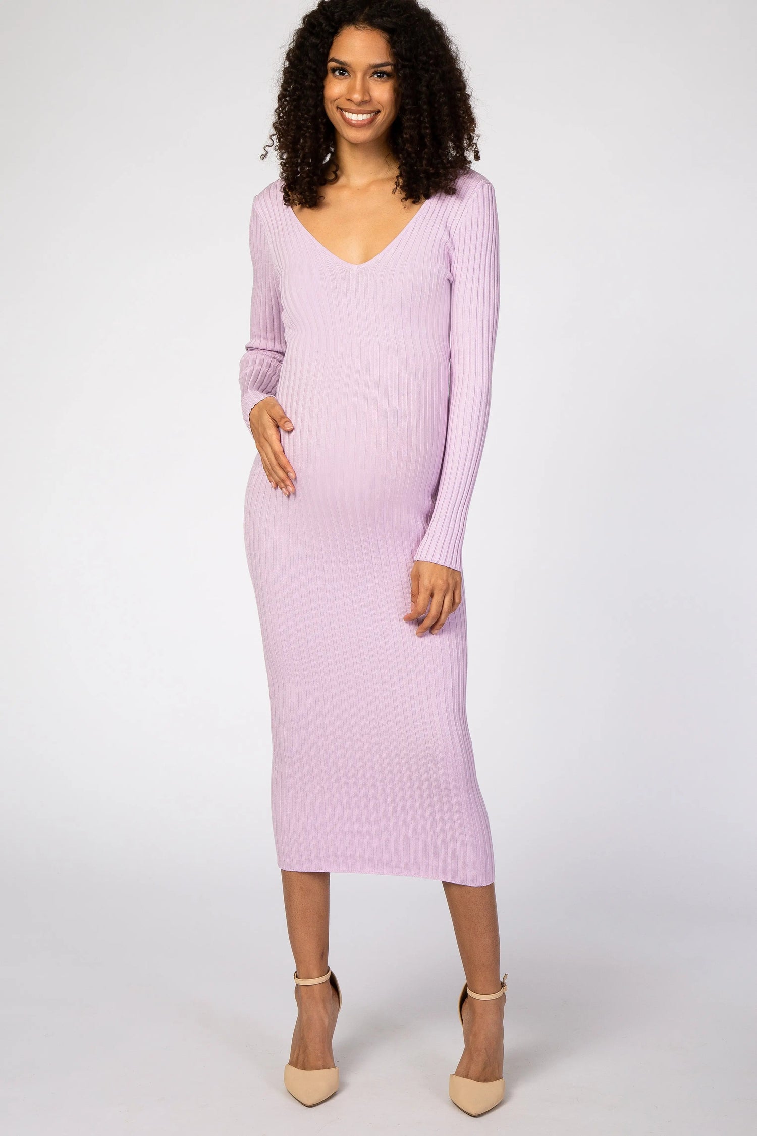 PinkBlush Lavender V - Neck Long Sleeve Fitted Maternity Maxi Dress - 
