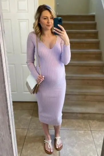 PinkBlush Lavender V - Neck Long Sleeve Fitted Maternity Maxi Dress - 