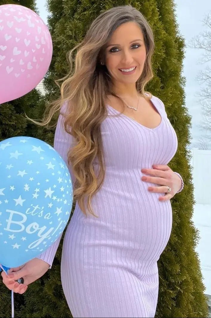 PinkBlush Lavender V - Neck Long Sleeve Fitted Maternity Maxi Dress - 