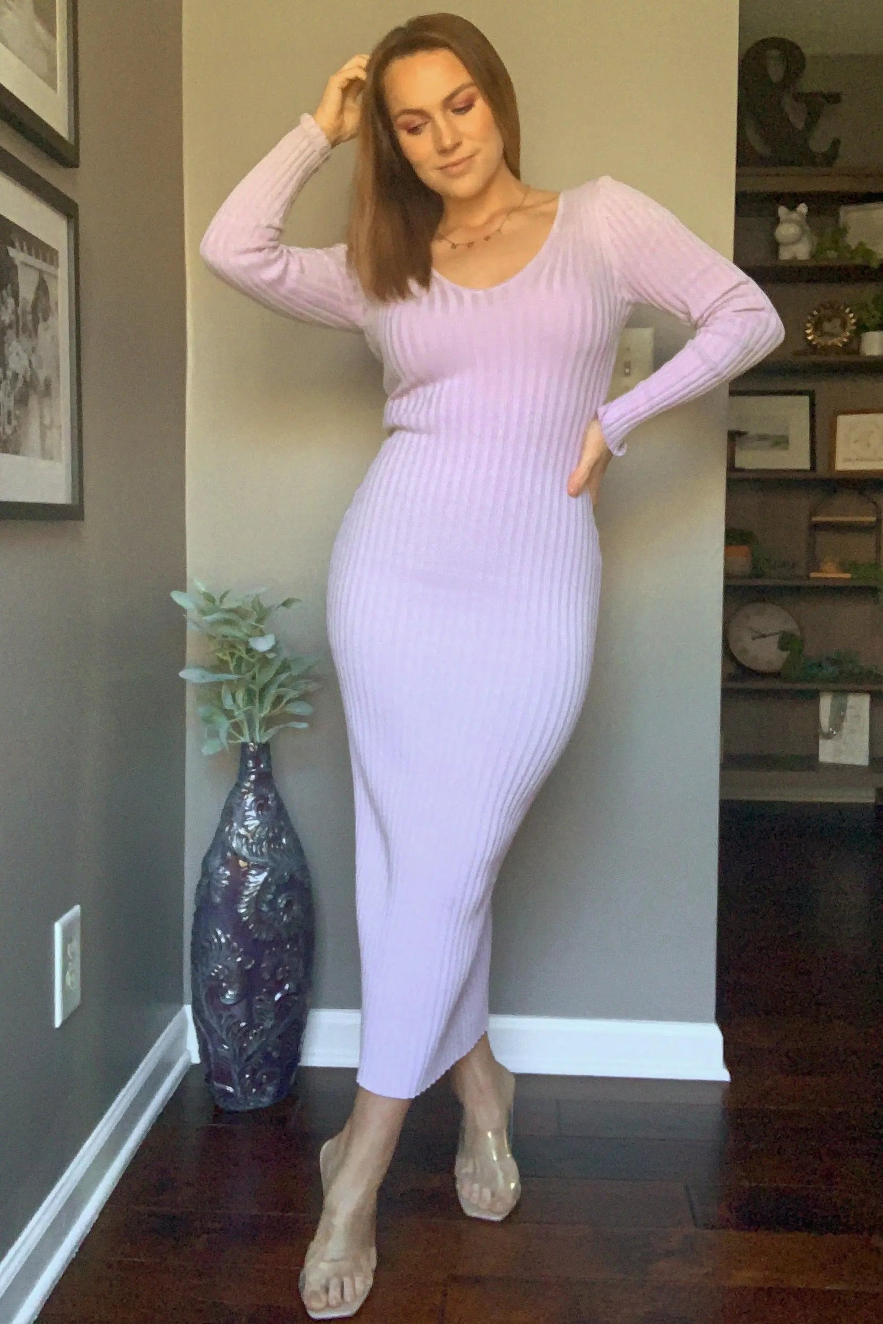 PinkBlush Lavender V - Neck Long Sleeve Fitted Maxi Dress - 