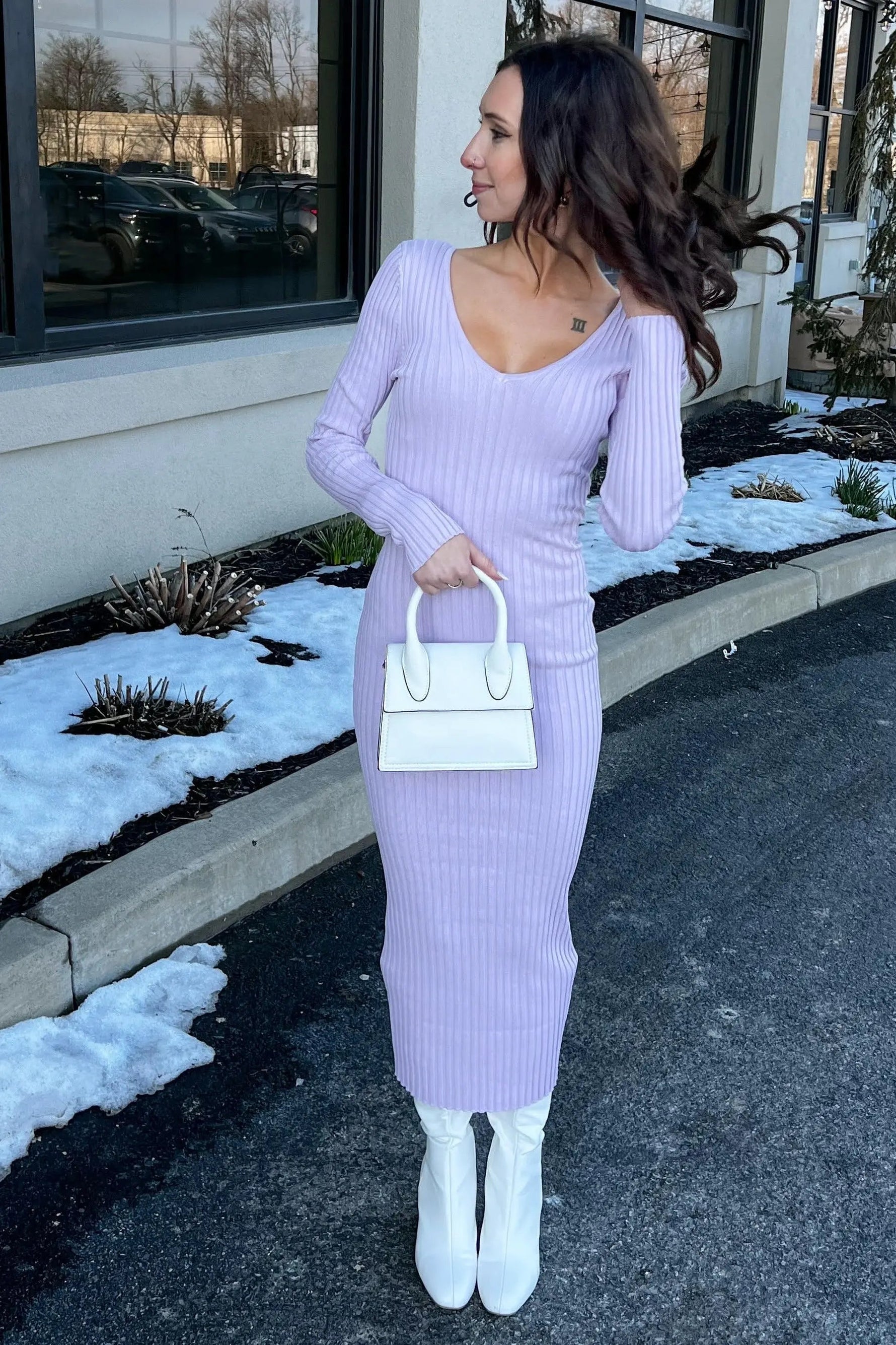 PinkBlush Lavender V - Neck Long Sleeve Fitted Maxi Dress - 