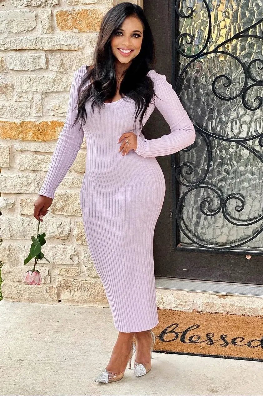 PinkBlush Lavender V - Neck Long Sleeve Fitted Maxi Dress - 