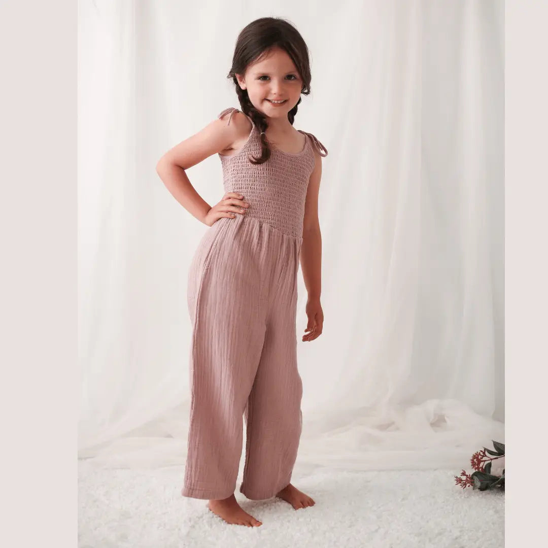 Bestaroo Leena Jumpsuit for Girls Blue Gauze with Adjustable Straps and Smocked Top - 