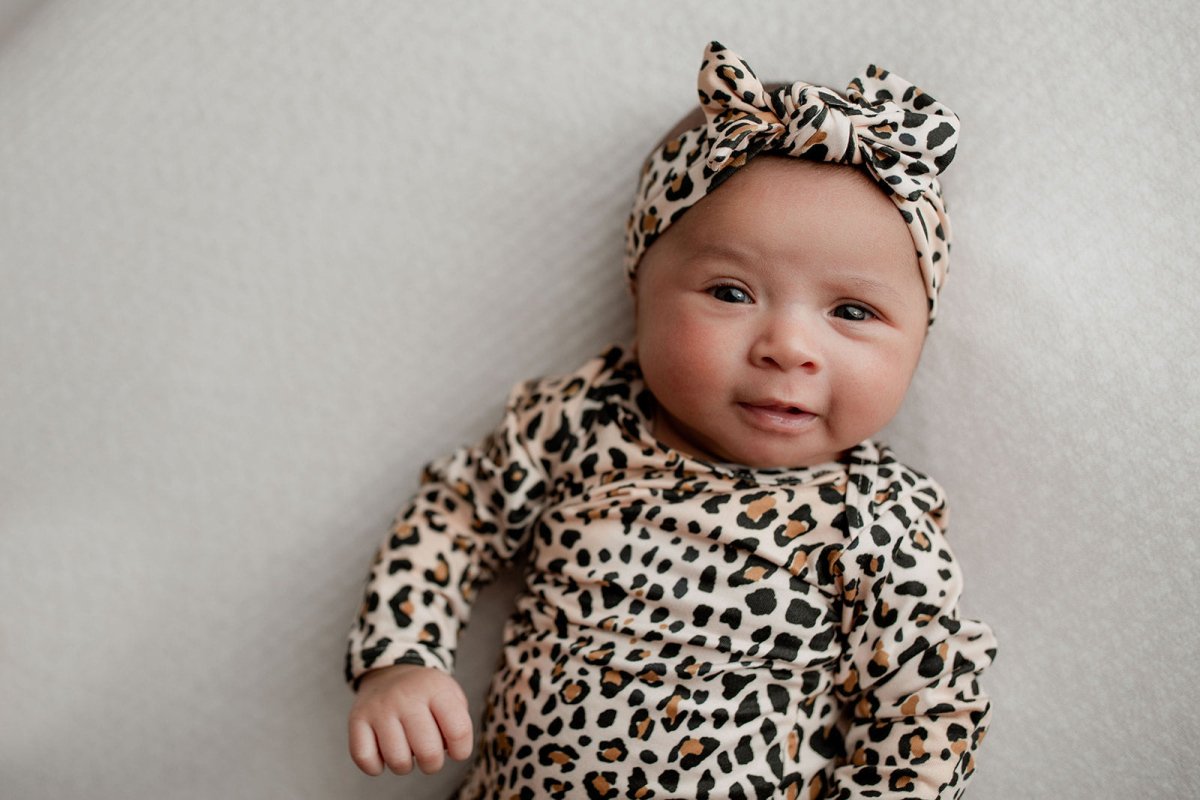Three Little Tots Leopard Knotted Newborn Baby Gown - 