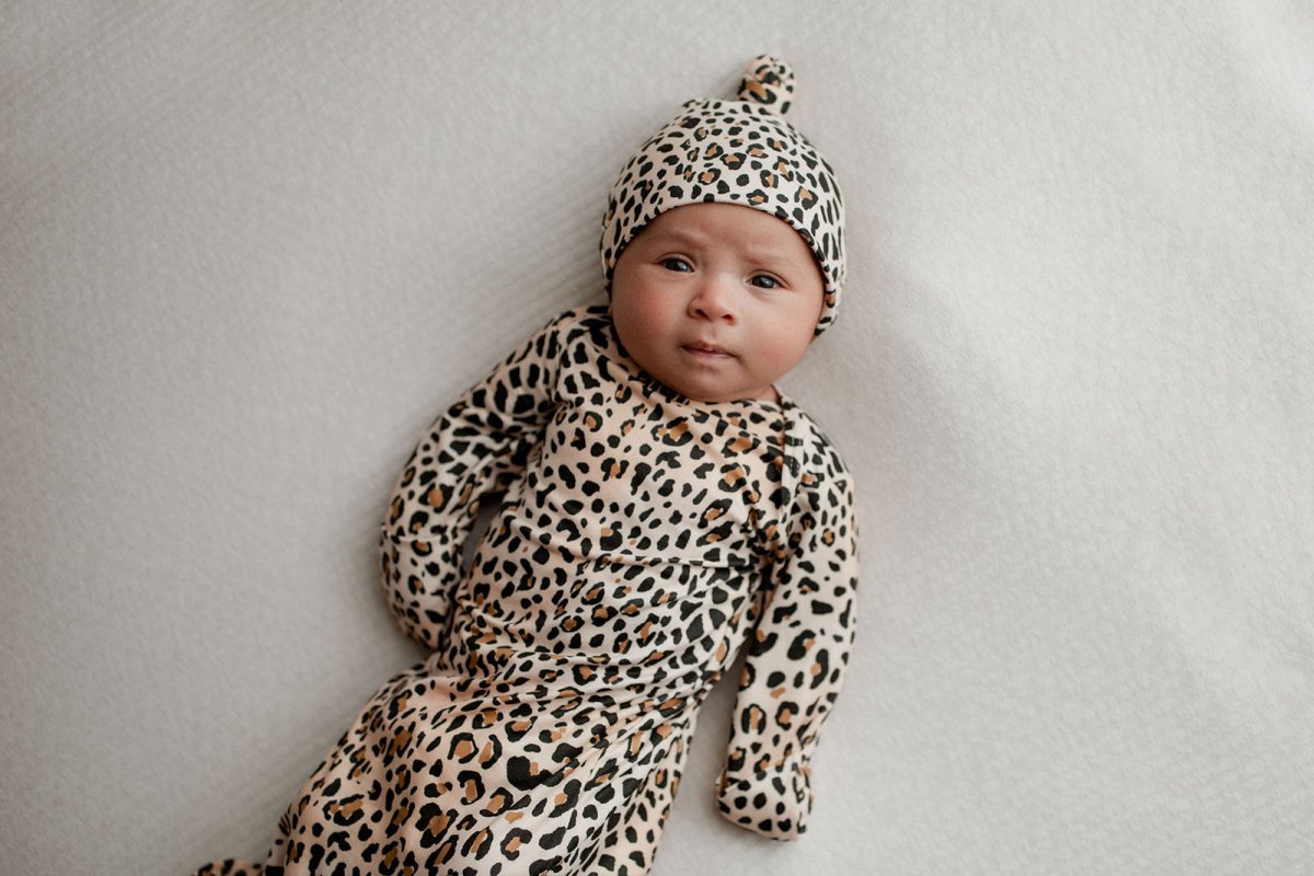 Three Little Tots Leopard Knotted Newborn Baby Gown - 
