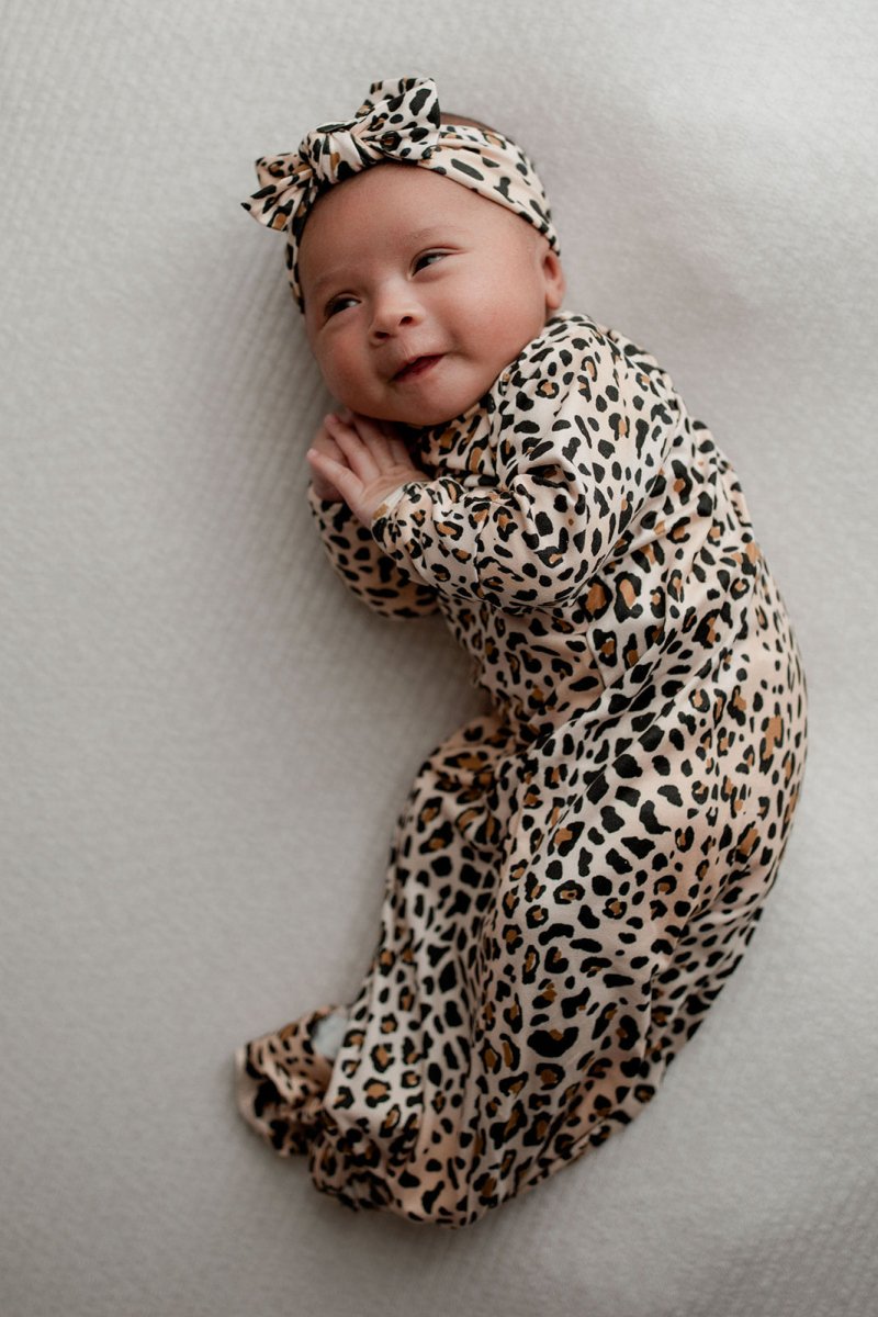 Three Little Tots Leopard Knotted Newborn Baby Gown - 