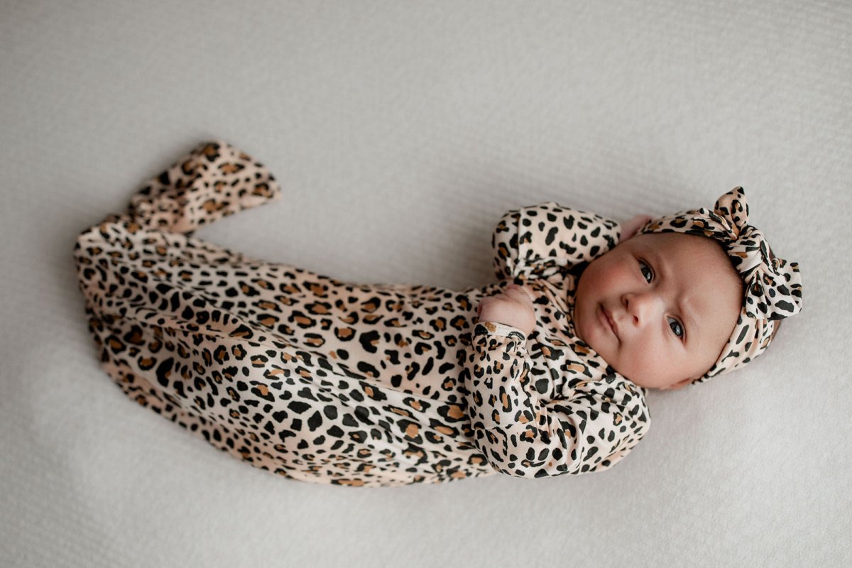 Three Little Tots Leopard Knotted Newborn Baby Gown - 