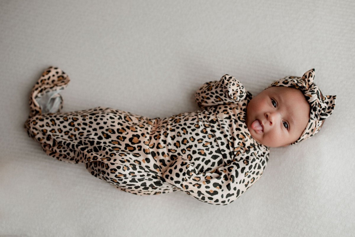 Three Little Tots Leopard Knotted Newborn Baby Gown - 