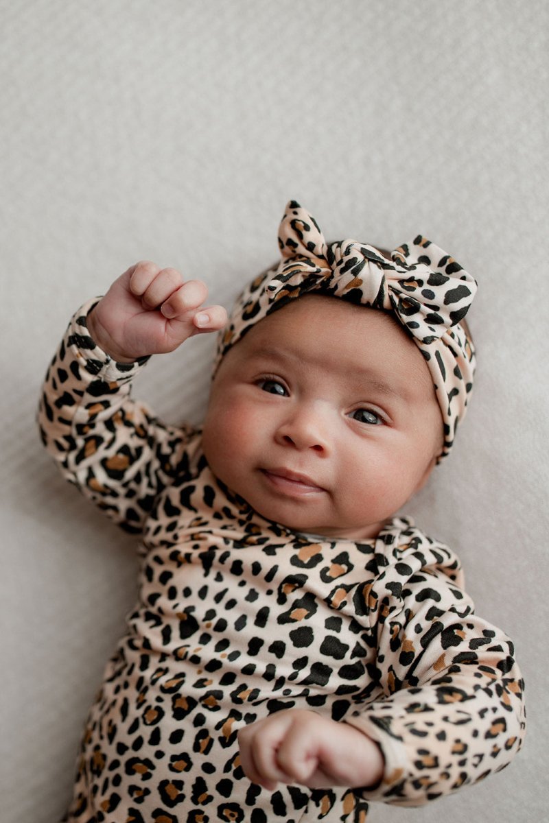 Three Little Tots Leopard Knotted Newborn Baby Gown - 