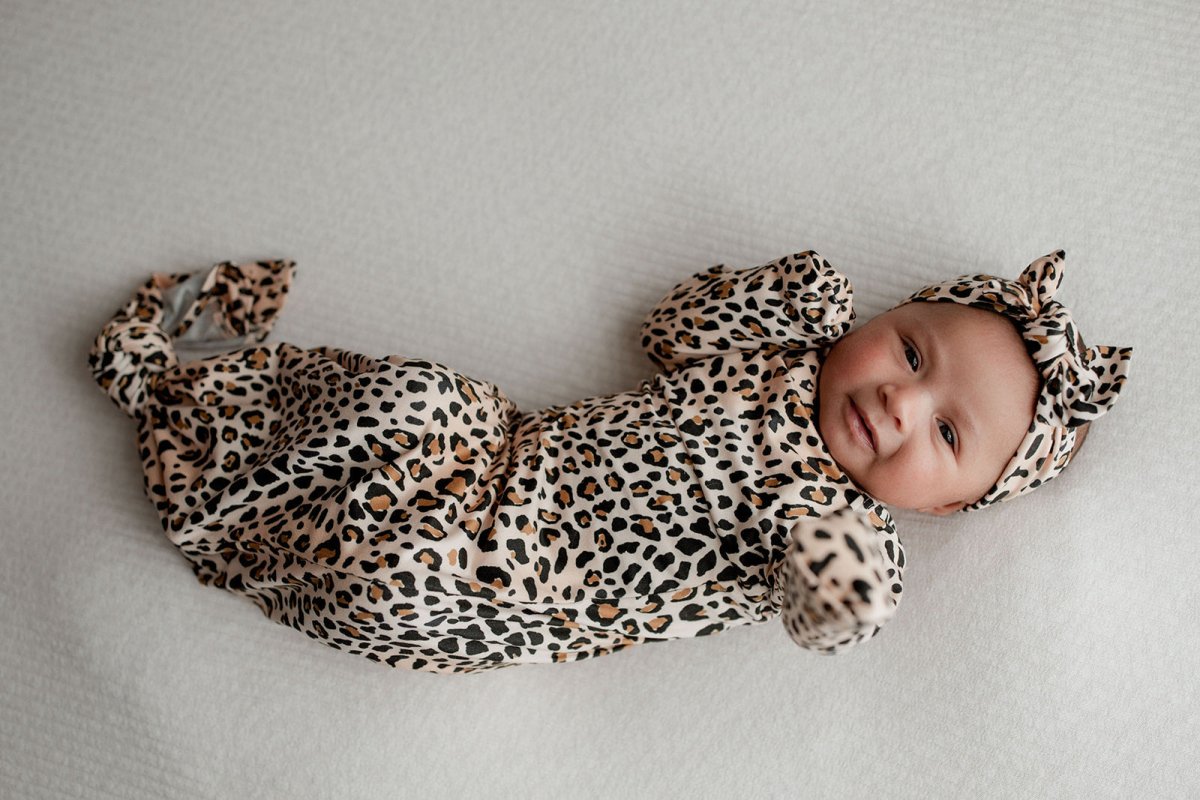 Three Little Tots Leopard Knotted Newborn Baby Gown - 