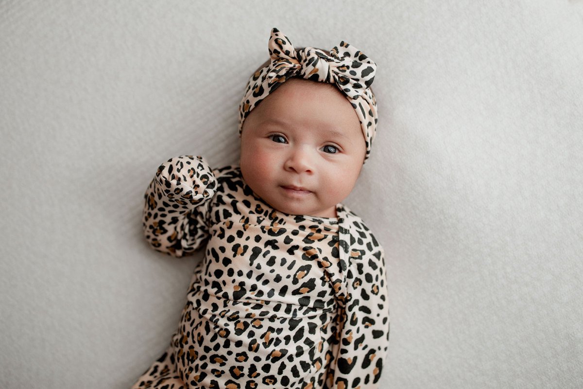 Three Little Tots Leopard Knotted Newborn Baby Gown - 