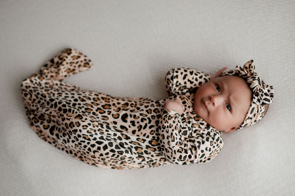 Three Little Tots Leopard Knotted Newborn Baby Gown - 