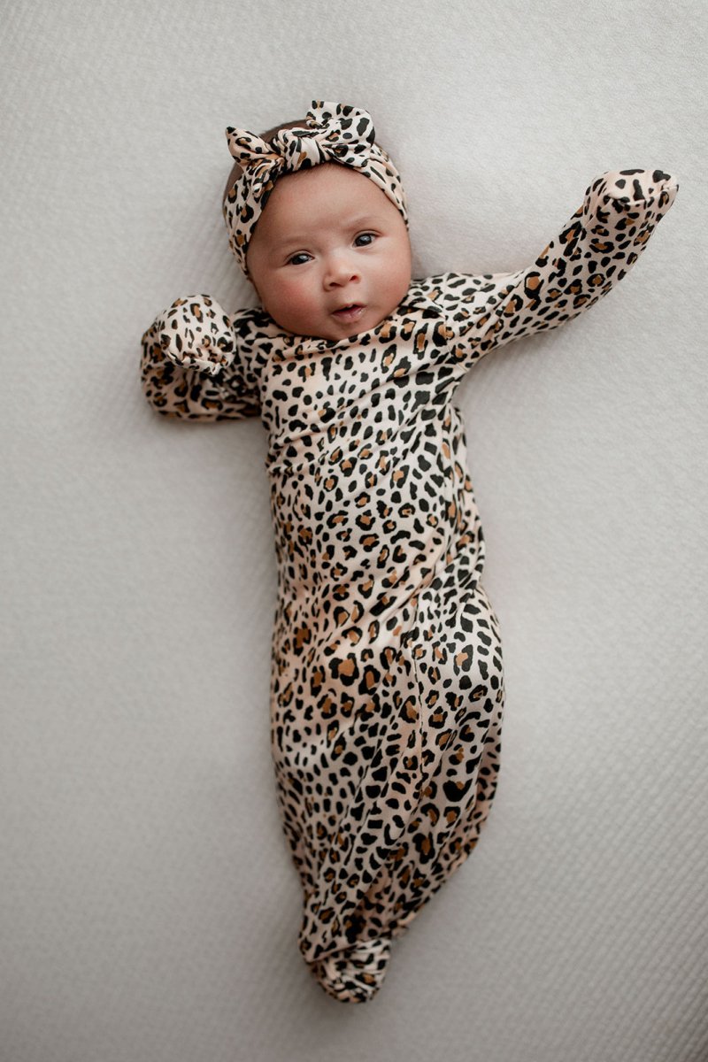 Three Little Tots Leopard Knotted Newborn Baby Gown - 