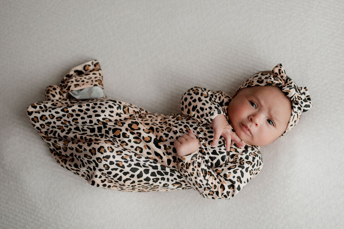 Three Little Tots Leopard Knotted Newborn Baby Gown - 