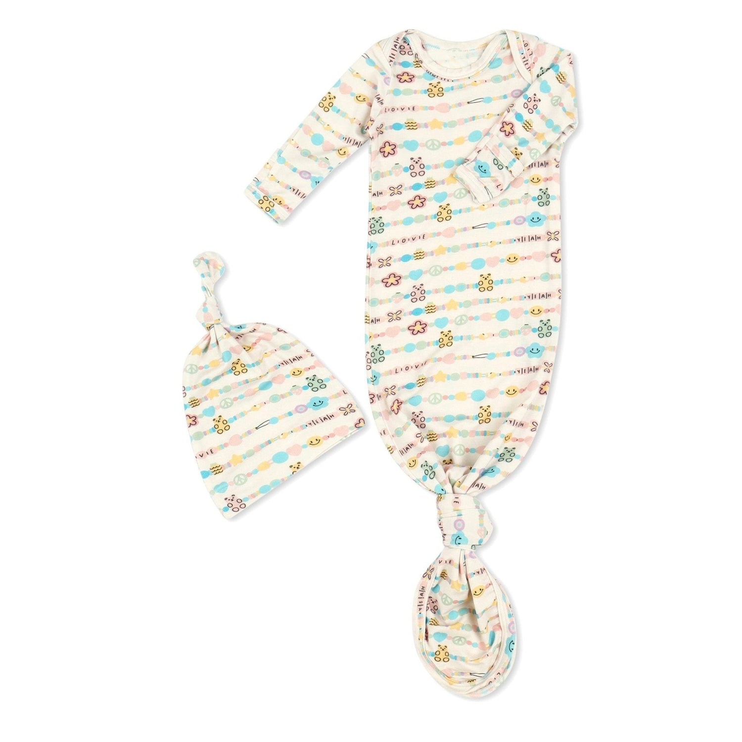 Baby convertible gown and matching beanie in a doodle and sketch print with fold-over mittens