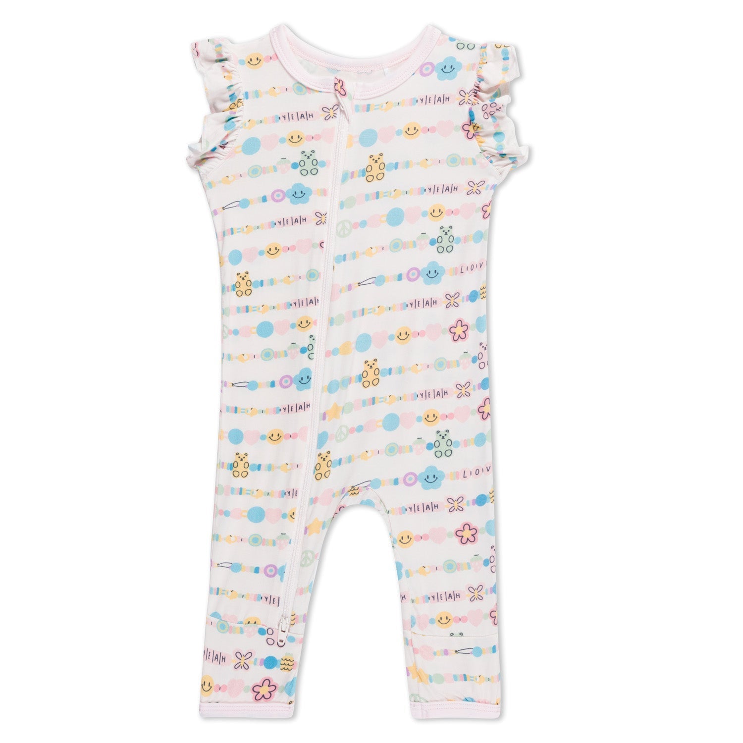Flutter sleeve baby romper with dual zippers for easy diaper changes.