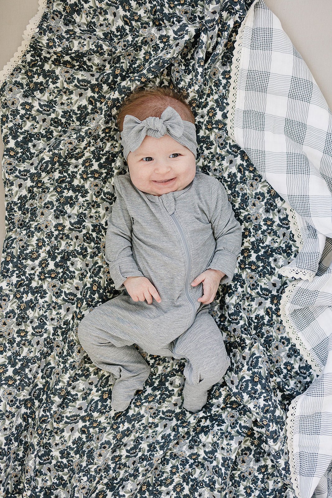 Mebie Baby Liberty Floral + Coastal Plaid Lace Muslin Quilt - 