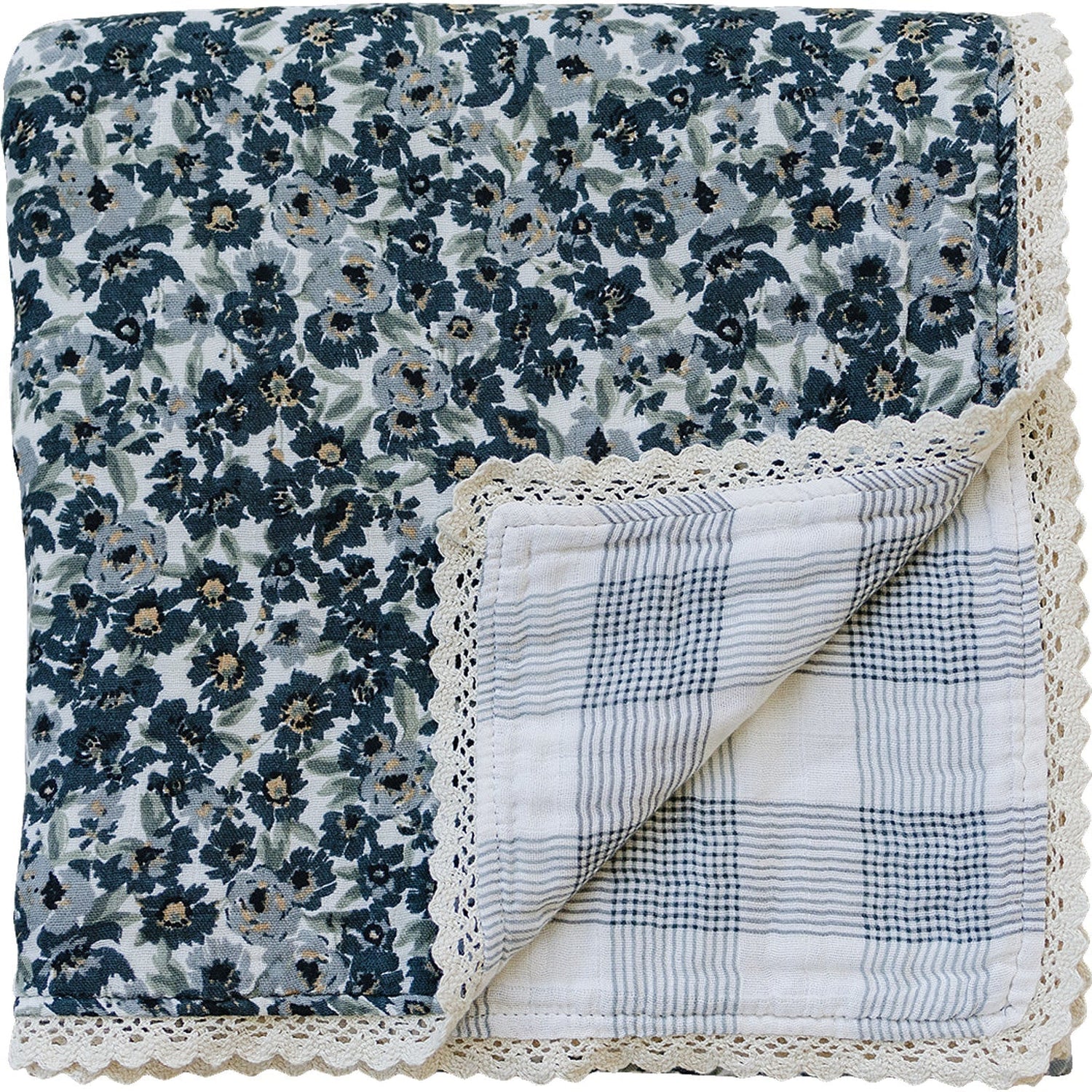 Muslin quilt with Liberty floral and coastal plaid pattern, finished with lace edges in soft neutral tones.