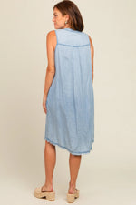 PinkBlush Light Blue Chambray Button Up Fringe Sleeveless Dress - 