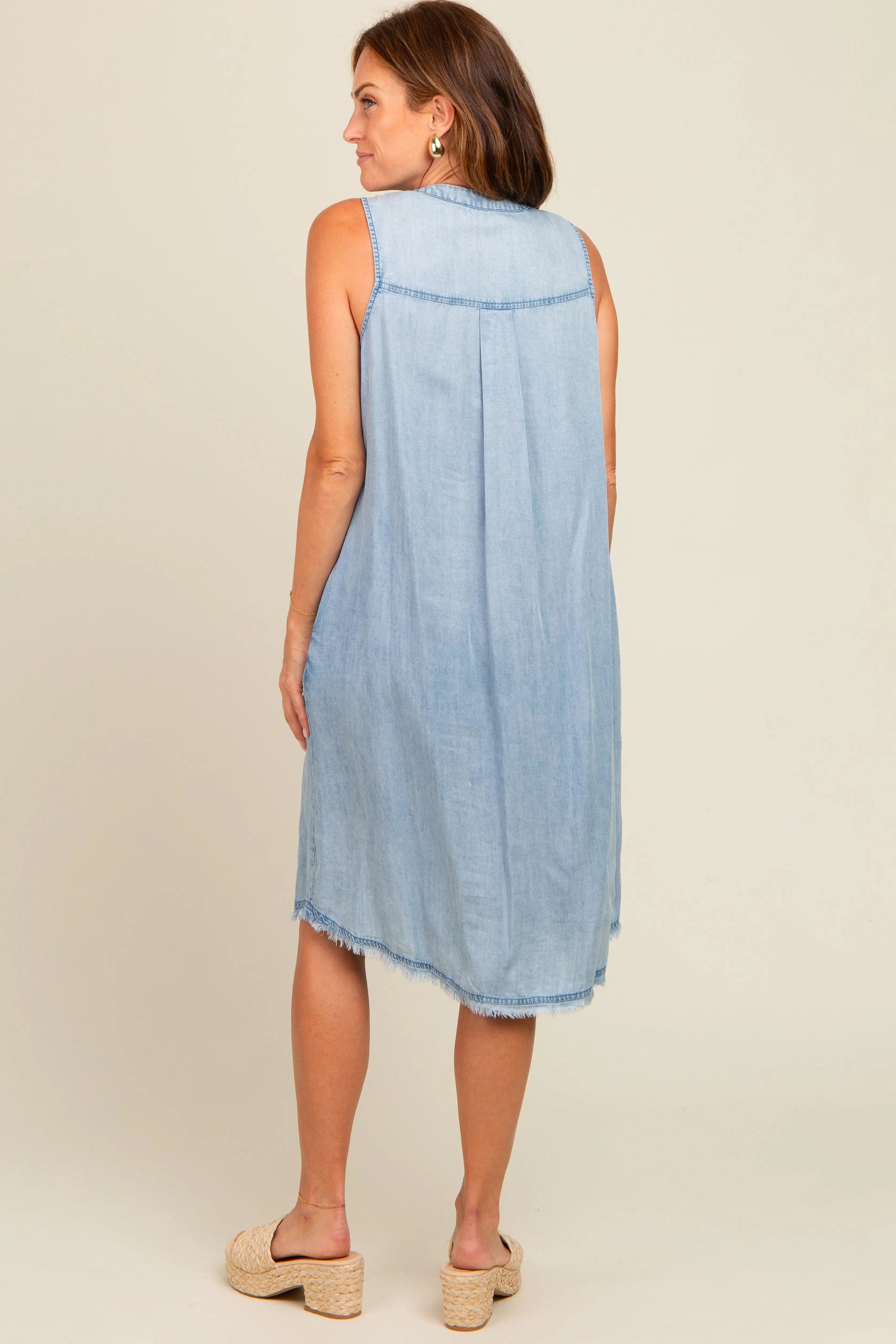 PinkBlush Light Blue Chambray Button Up Fringe Sleeveless Dress - 