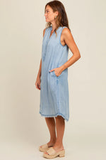 PinkBlush Light Blue Chambray Button Up Fringe Sleeveless Dress - 
