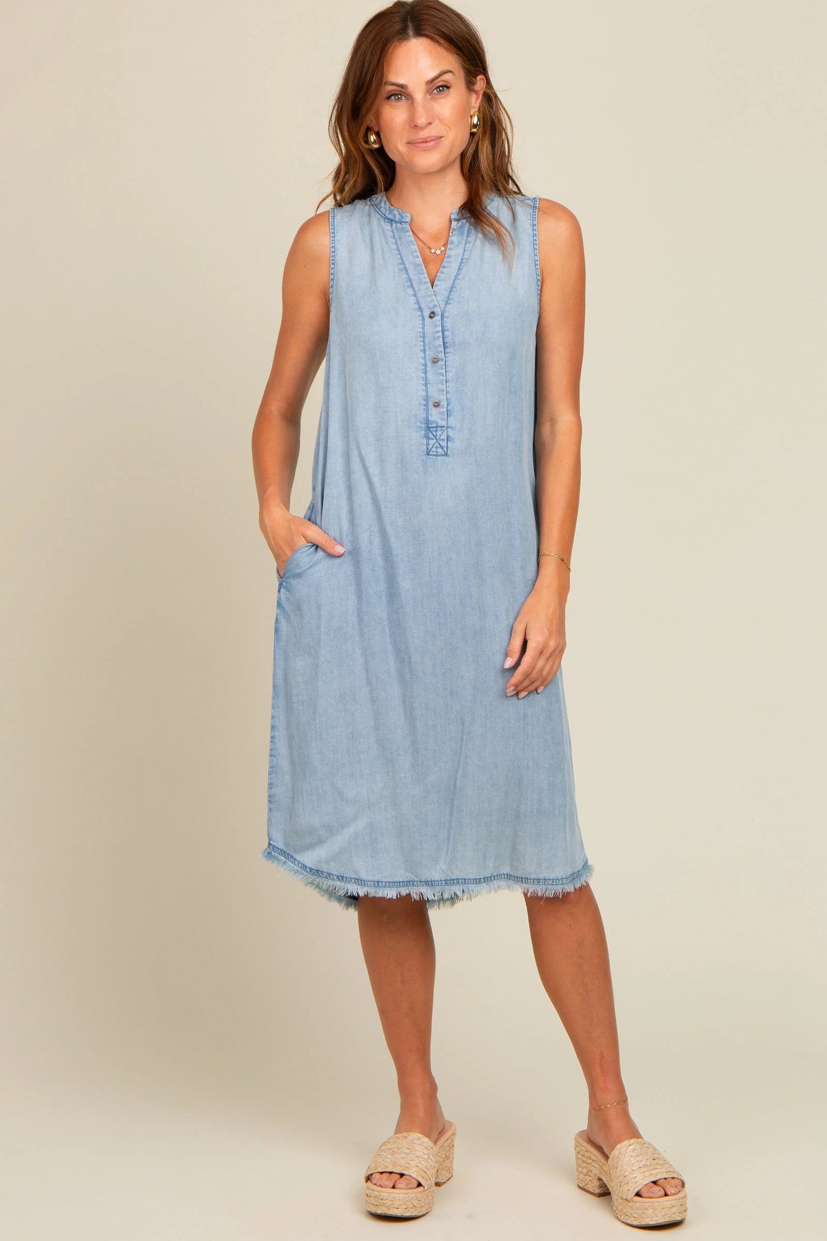 PinkBlush Light Blue Chambray Button Up Fringe Sleeveless Dress - 