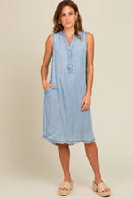 PinkBlush Light Blue Chambray Button Up Fringe Sleeveless Dress - 