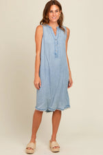 PinkBlush Light Blue Chambray Button Up Fringe Sleeveless Dress - 
