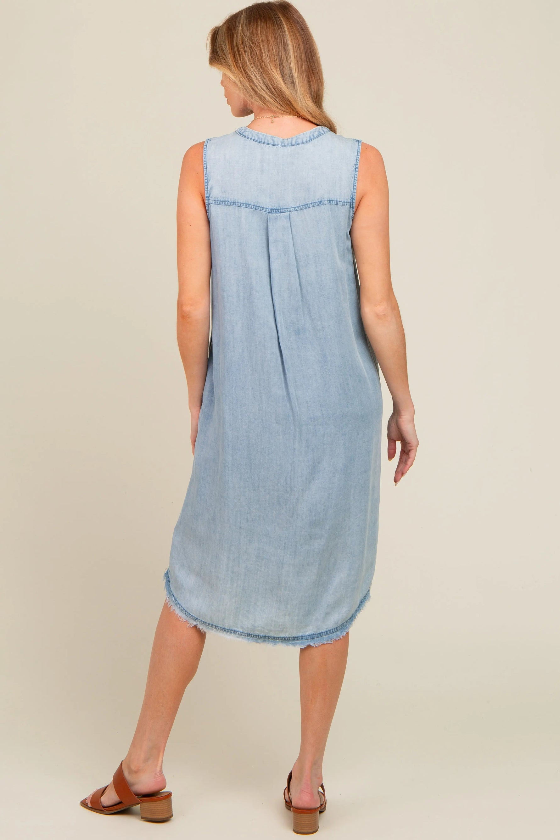 PinkBlush Light Blue Chambray Button Up Fringe Sleeveless Maternity Dress - 