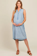 PinkBlush Light Blue Chambray Button Up Fringe Sleeveless Maternity Dress - 