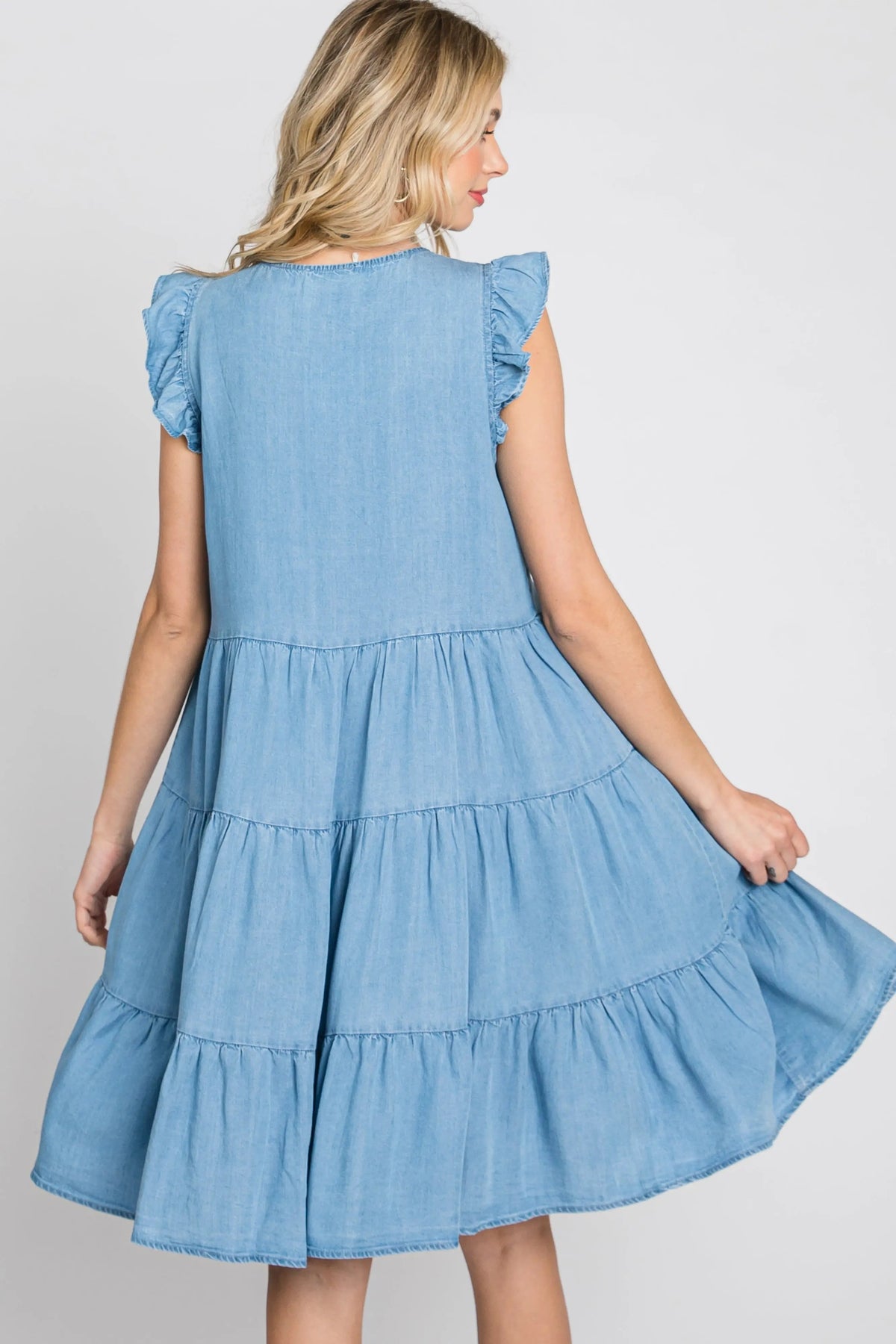 PinkBlush Light Blue Chambray Tiered Button Accent Dress - 