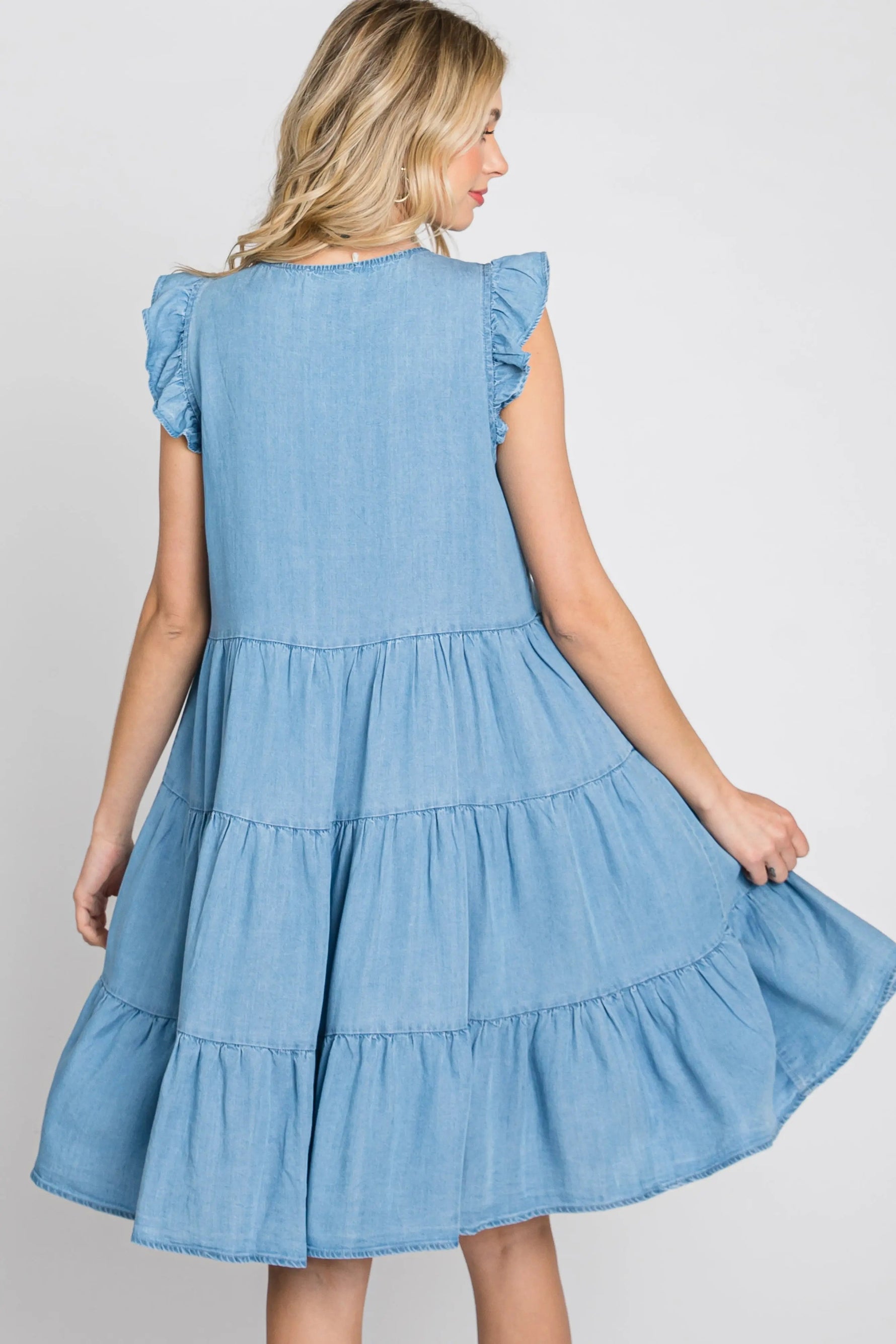 PinkBlush Light Blue Chambray Tiered Button Accent Dress - 