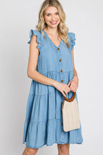 PinkBlush Light Blue Chambray Tiered Button Accent Dress - 