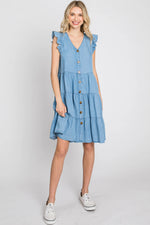Light Blue Chambray Tiered Button Accent Dress - Day Dress, One-piece garment, Dress, Shoe, Person | Everetts Place