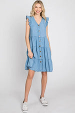 PinkBlush Light Blue Chambray Tiered Button Accent Maternity Dress - 