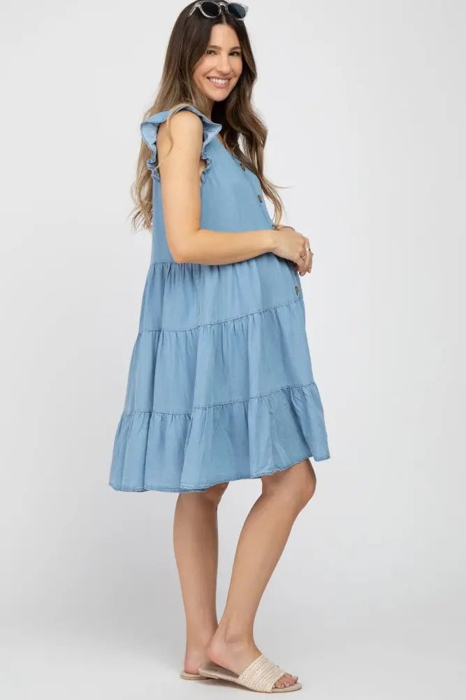 PinkBlush Light Blue Chambray Tiered Button Accent Maternity Dress - 