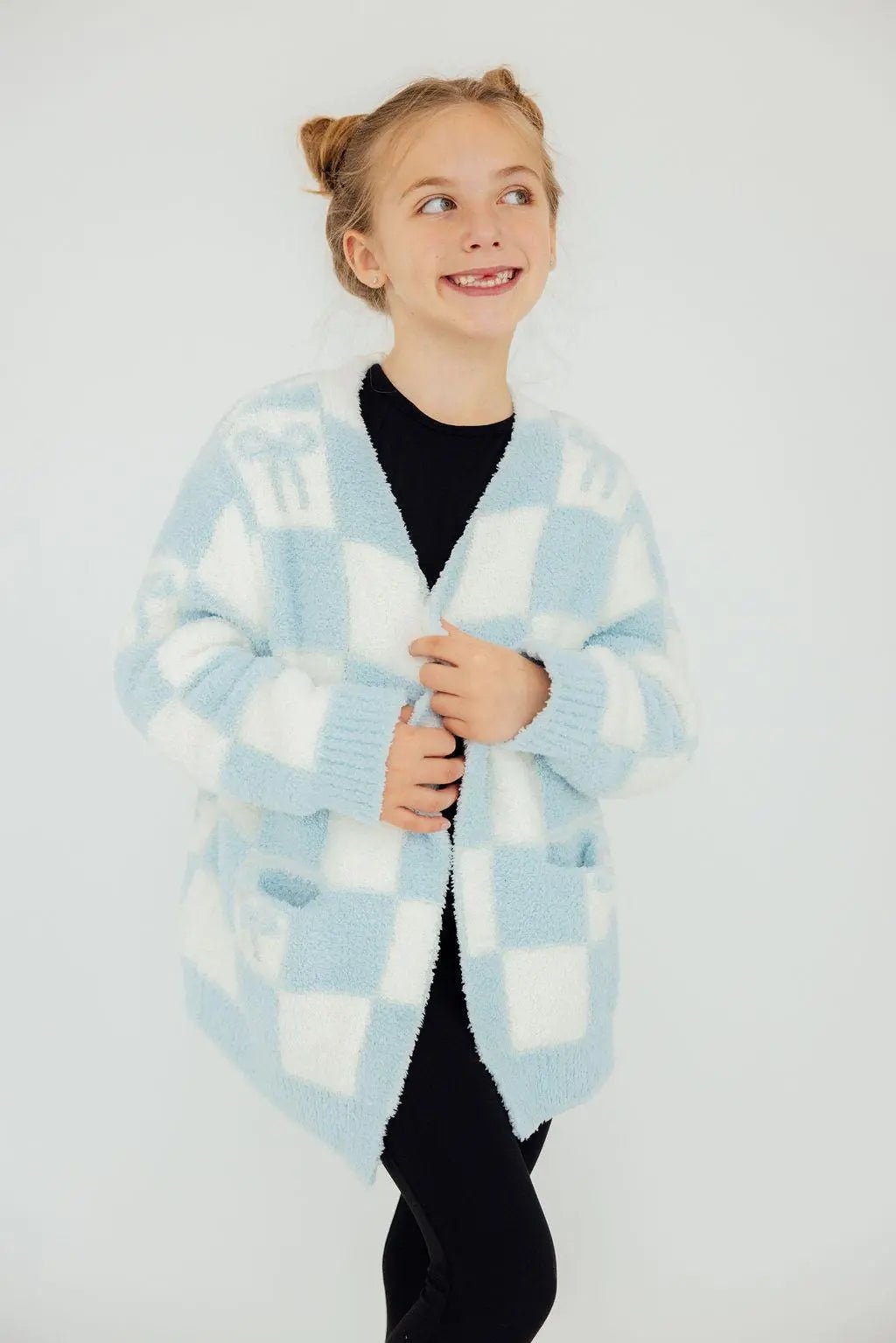 Mila & Rose ® Light Blue Checker Bow Cozy Cardigan - 