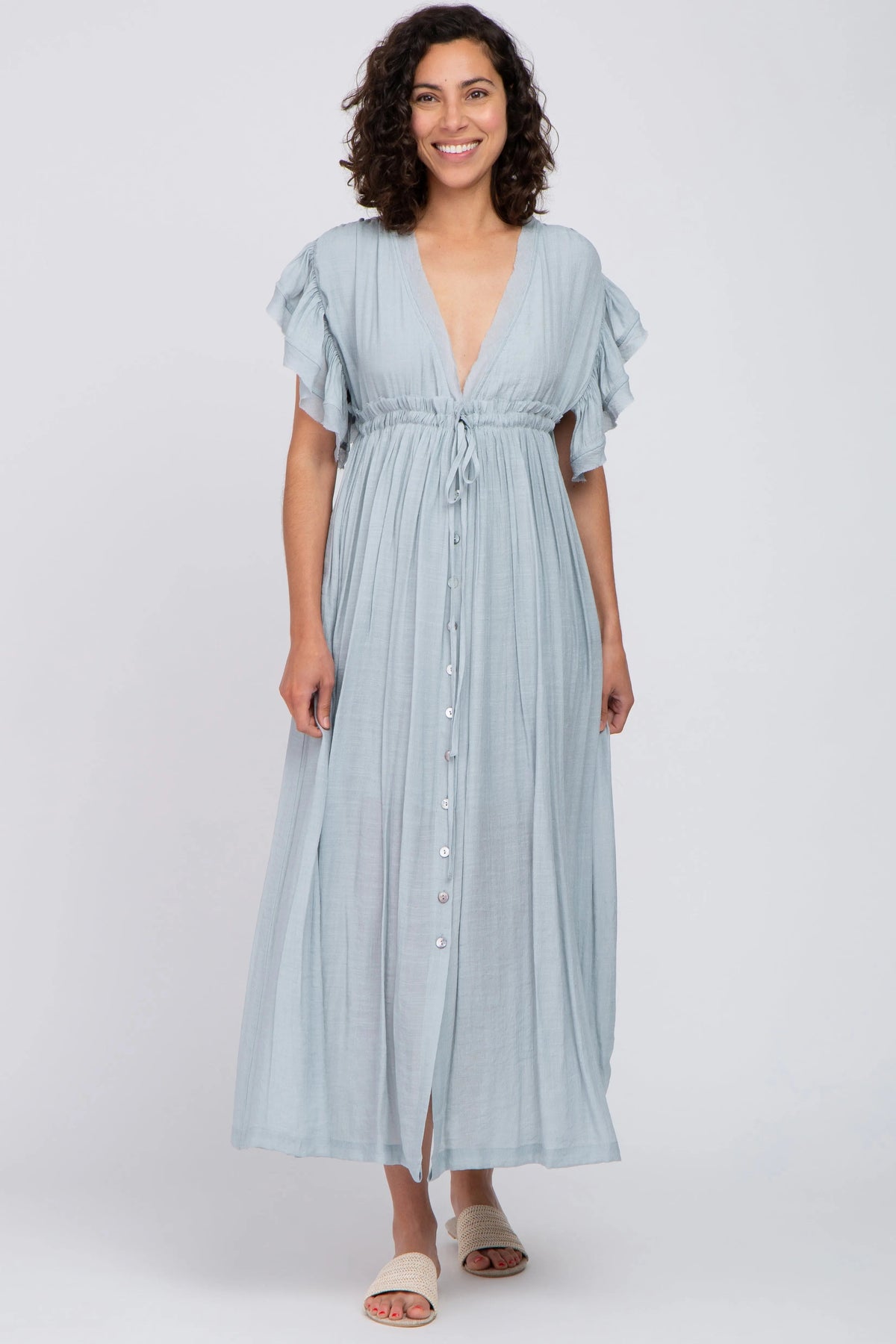 PinkBlush Light Blue Deep V - Neck Button Down Maxi Dress - 