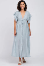 PinkBlush Light Blue Deep V - Neck Button Down Maxi Dress - 