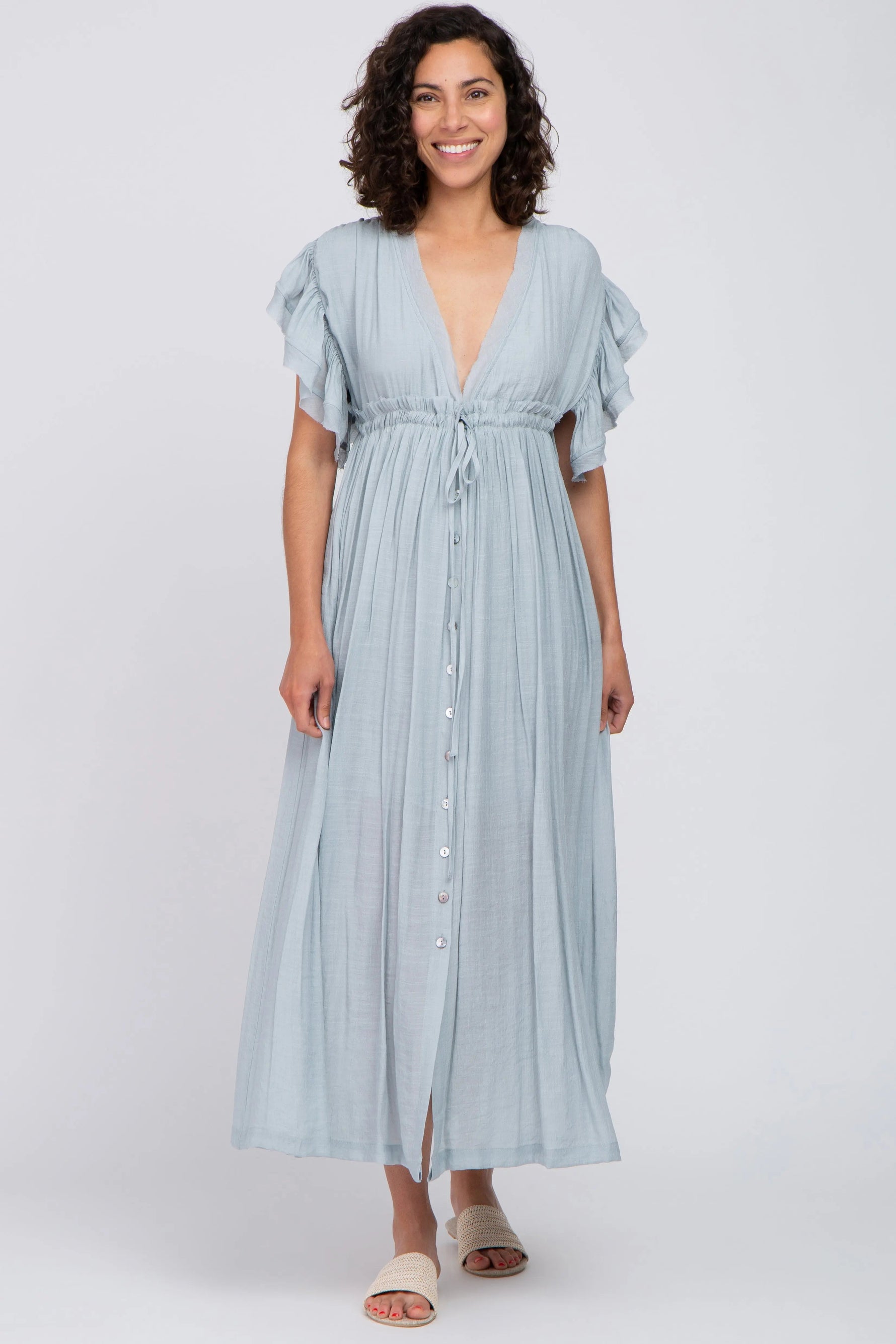 PinkBlush Light Blue Deep V - Neck Button Down Maxi Dress - 