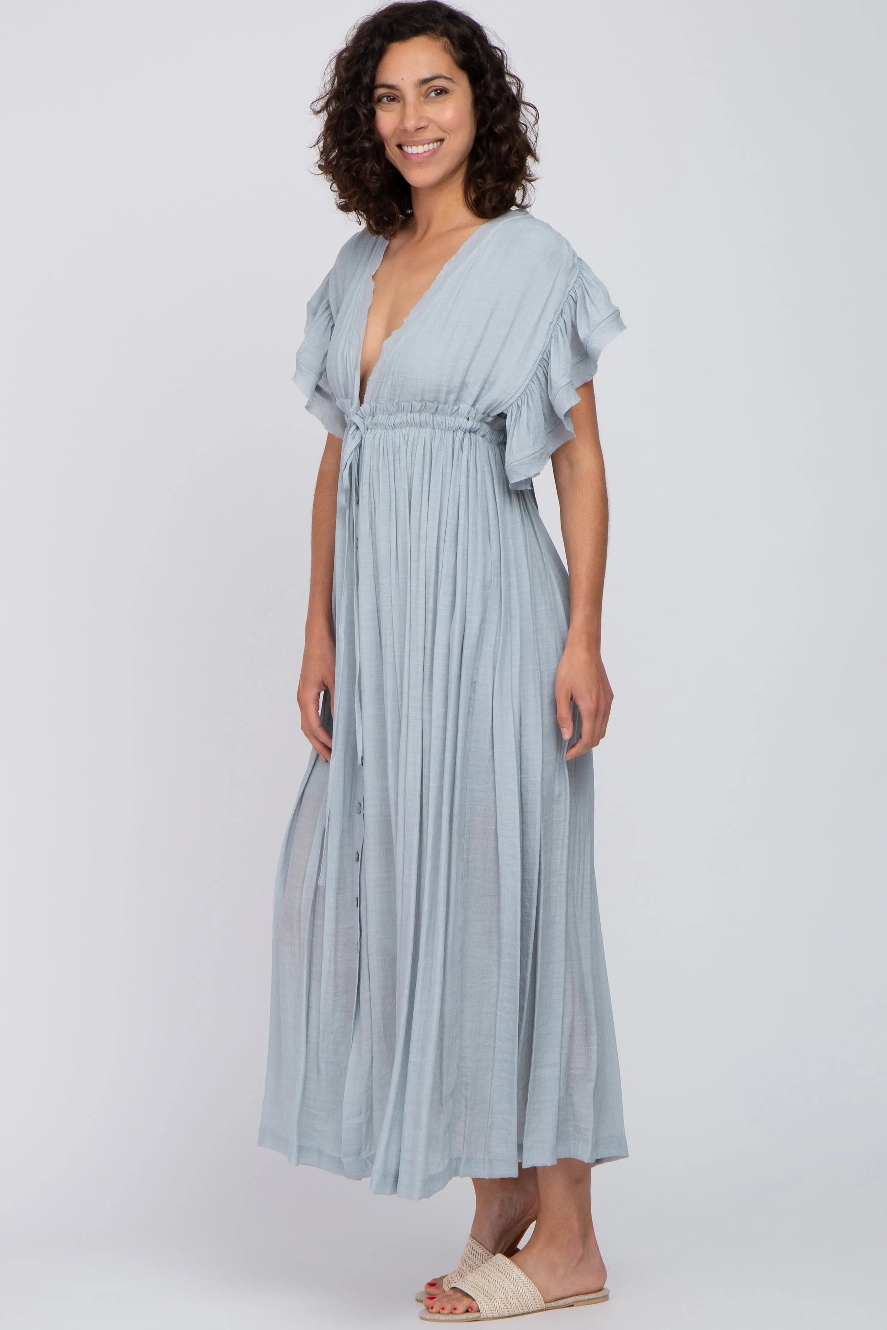 PinkBlush Light Blue Deep V - Neck Button Down Maxi Dress - 