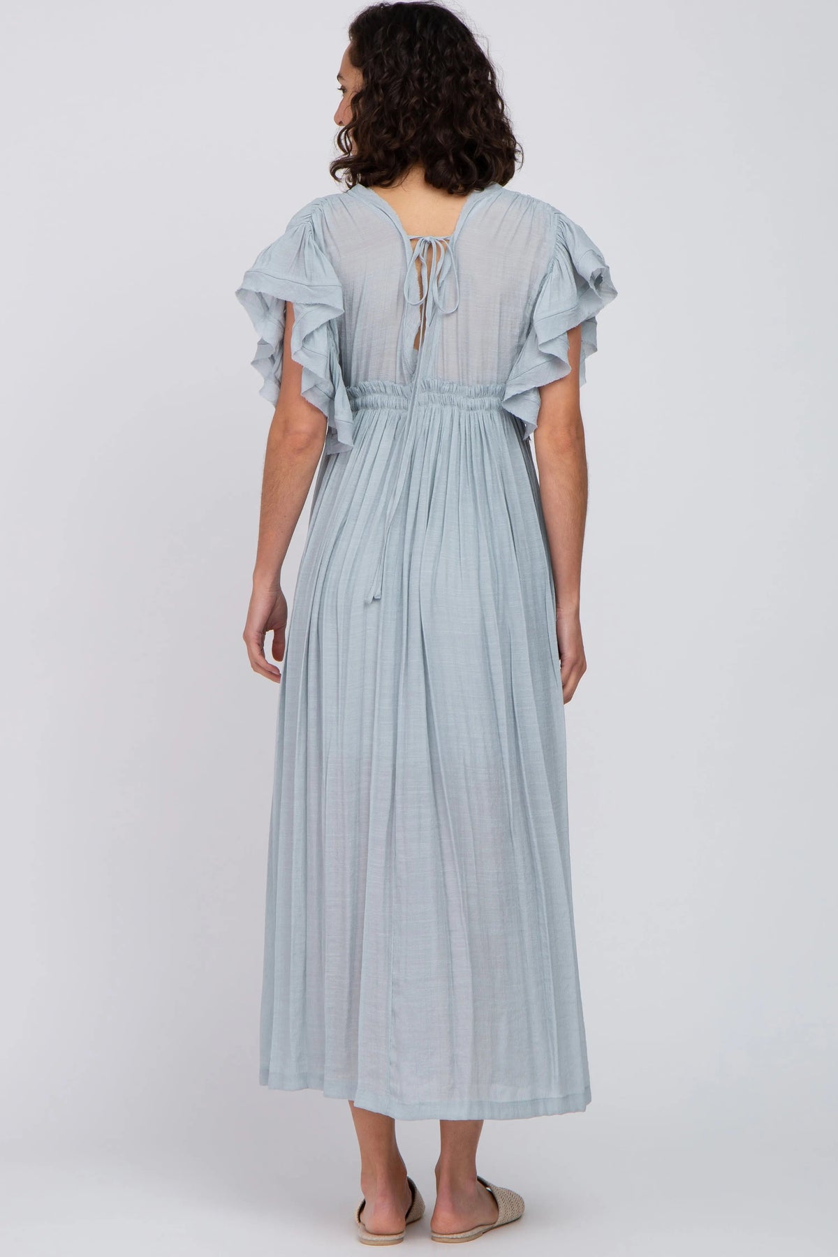 PinkBlush Light Blue Deep V - Neck Button Down Maxi Dress - 